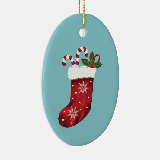 Rood kerststouwen met snoepsuikerriet en Holly Keramisch Ornament (Rechts)