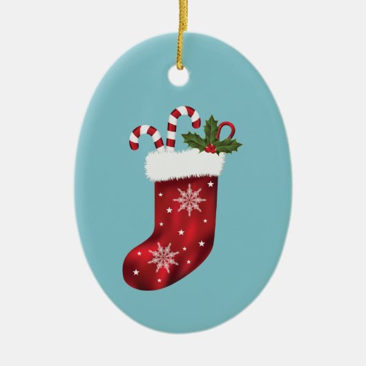 Rood kerststouwen met snoepsuikerriet en Holly Keramisch Ornament (Voorkant)