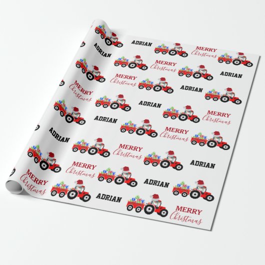 Rood kersttractor Truck Boerderij Aangepaste naam Cadeaupapier (Uitgerold)
