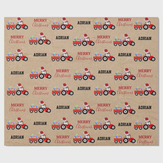 Rood kersttractor Truck Boerderij Aangepaste naam  Cadeaupapier (Vlak)