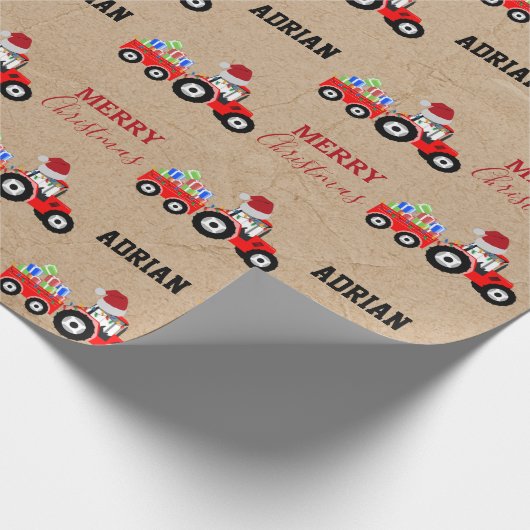 Rood kersttractor Truck Boerderij Aangepaste naam  Cadeaupapier (Hoek)