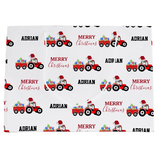 Rood kersttractor Truck Boerderij Aangepaste naam Groot Cadeauzakje (Voorkant)