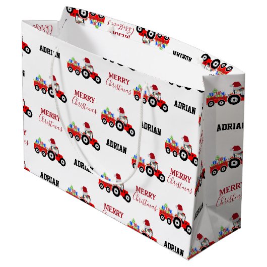Rood kersttractor Truck Boerderij Aangepaste naam Groot Cadeauzakje (Achterkant Gekanteld)