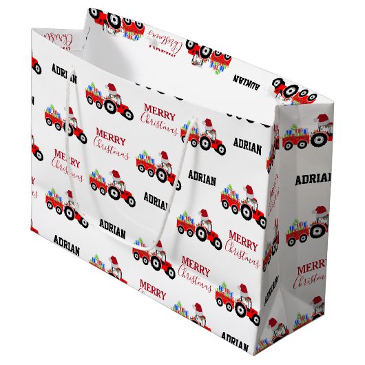 Rood kersttractor Truck Boerderij Aangepaste naam Groot Cadeauzakje (Voorkant Gekanteld)