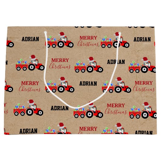 Rood kersttractor Truck Boerderij Aangepaste naam  Groot Cadeauzakje (Voorkant)