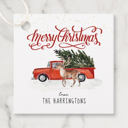 Rood kersttruck en rendier | Vakantie-Labels Bedankjes Labels (Voorkant)