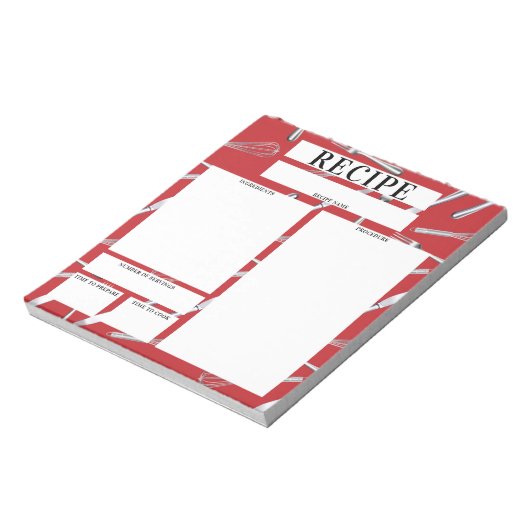 Rood keukengerei met blanco blad notitieblok (Linkerzijde)