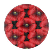 Rood klaproos patroon rond zwart glas snijplank (Voorkant)