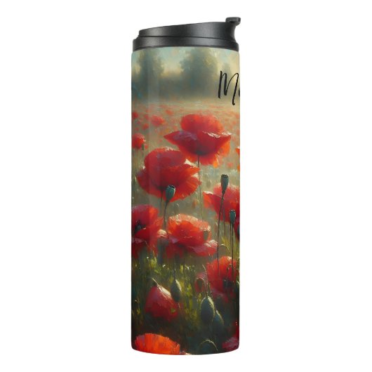 rood klaproos veld op een zomerdag thermosbeker (Gedraaid links)