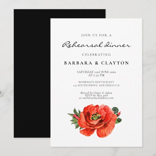 Rood klaproos waterverf repetitie diner kaart (Voorkant / Achterkant)