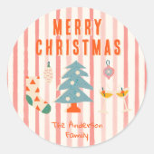 Rood Kleurrijke Geïllustreerde Kerstwinter Ronde Sticker (Voorkant)