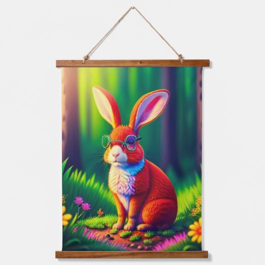 Rood konijn zittend op gras hangend wandkleed (Voorkant)
