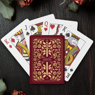 Rood Koninklijk Middeleeuws Goud Zwaard Monogram Pokerkaarten