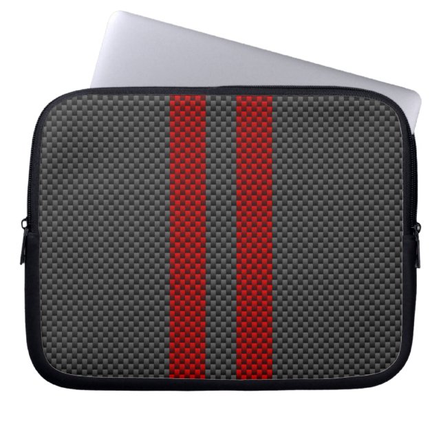Rood koolstofvezel, racestrips laptop sleeve (Voorkant)