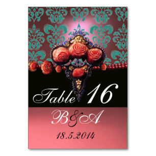 ROOD KORAAL ROZEN, ZWART BLAUW ROZE DAMASK MONOGRA KAART