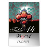 ROOD KORAAL ROZEN, ZWART BLAUW WIT DAMASK MONOGRAM KAART (Achterkant)