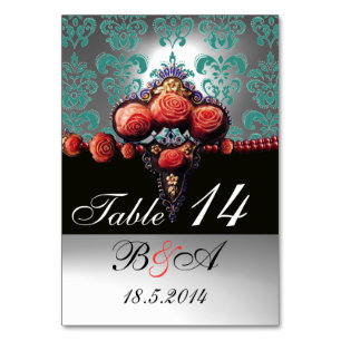 ROOD KORAAL ROZEN, ZWART BLAUW WIT DAMASK MONOGRAM KAART