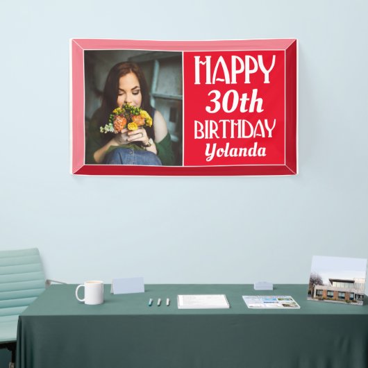 Rood Kunst Deco Beveled Foto Birthday Spandoek (Beurs)