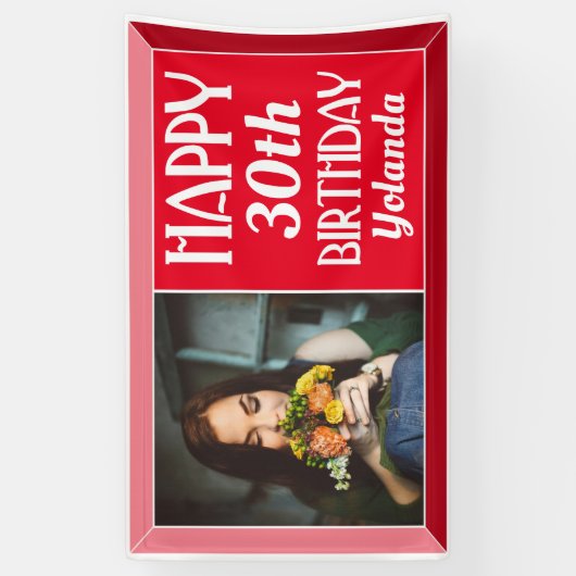 Rood Kunst Deco Beveled Foto Birthday Spandoek (Verticaal)