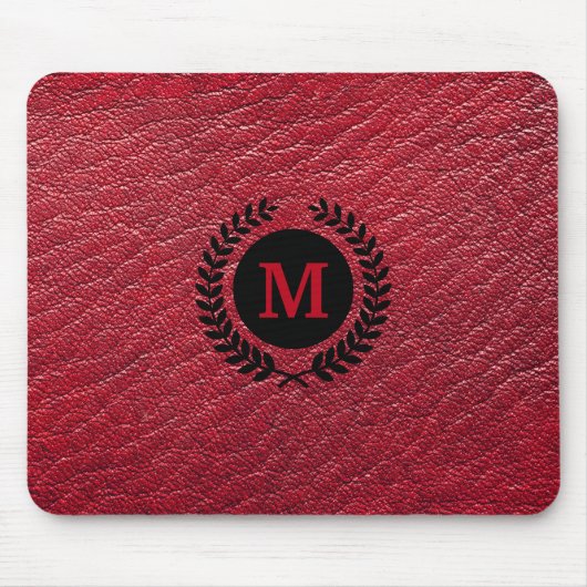 Rood kunstleder met Laurel Wreater Monogram Muismat (Voorkant)