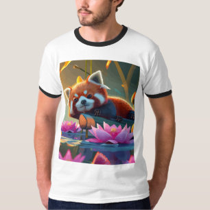 Rood land op een log in lotusvijver t-shirt