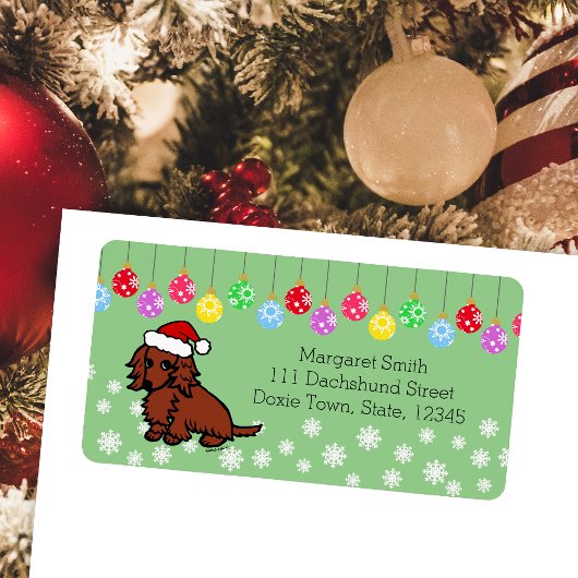 Rood Lang Haired Dachshund Kerst Schattige Etiket