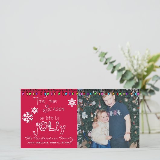 Rood Laten we Jolly Kerstvakantie fotokaart Feestdagenkaart (Staand voorkant)