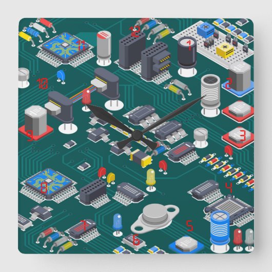 Rood LED-lampje met printkaart Vierkante Klok (Voorkant)