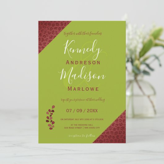 Rood leder Geometrische niet-binaire bruiloft Kaart (Staand voorkant)