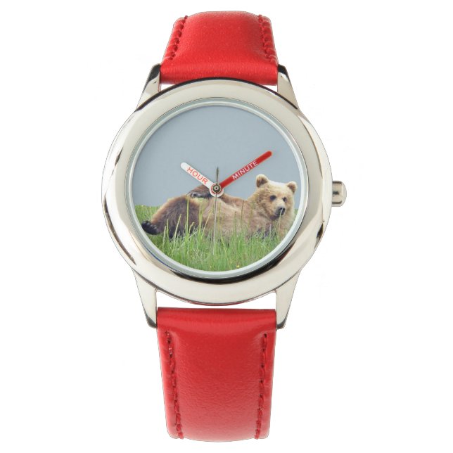 Rood lederen riem van roestvrij kind horloge (Voorkant)