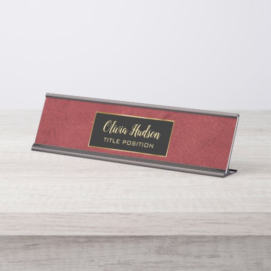 Rood lederen textiel bureau naambordje (Voorkant)