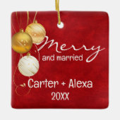 Rood leer eerste kerst getrouwd keramisch ornament (Voorkant)