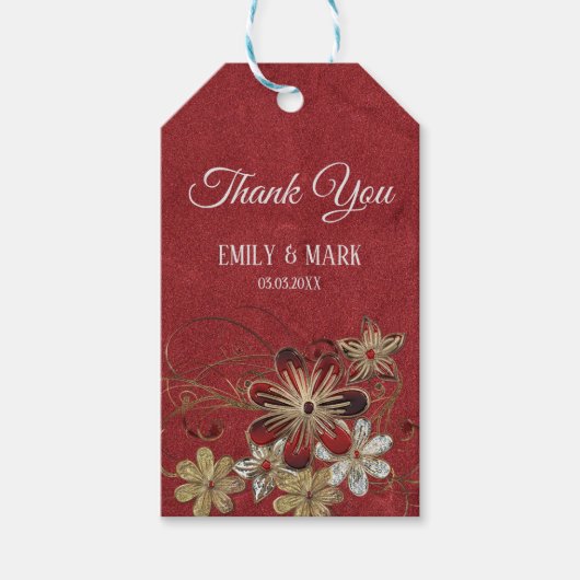 Rood leer en bloemen cadeaulabel (Voorkant)