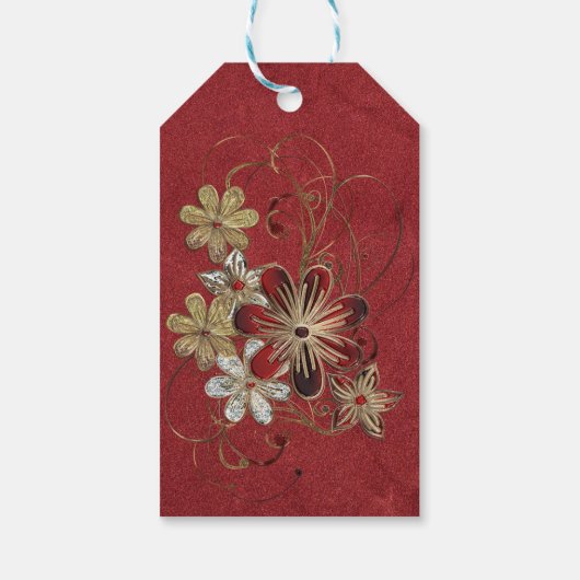 Rood leer en bloemen cadeaulabel (Achterkant)