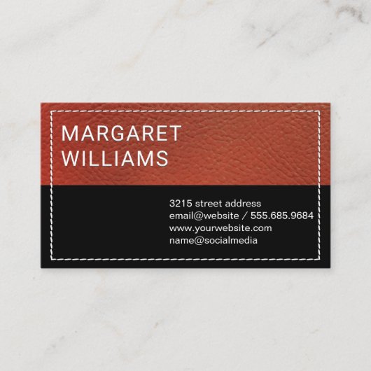 Rood leer | Zwart staafje gestikt Visitekaartje (Voorkant)