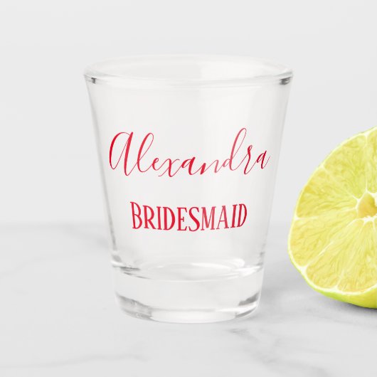 Rood Lettering Bruidsmeisje Keepsake Shot Glas (Voorkant)