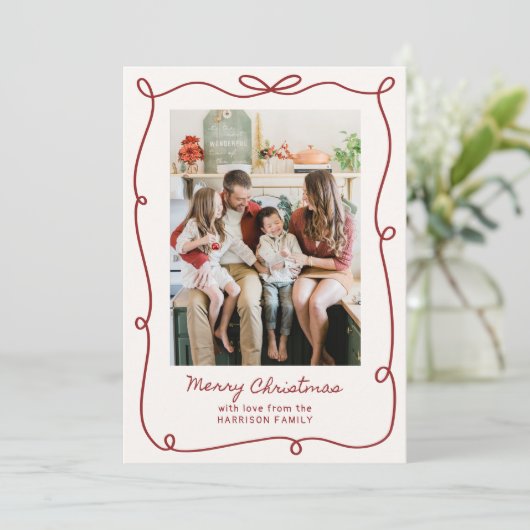 Rood lijst, Gestreepte Familie Foto Kerst Kaart (Staand voorkant)