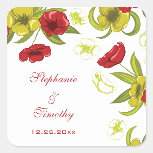 Rood + Lime Groene papaverbloemen bruiloft sticker (Voorkant)