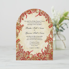 Rood, Lime & Oranje Vintage Paisley Damast Bruilof Kaart