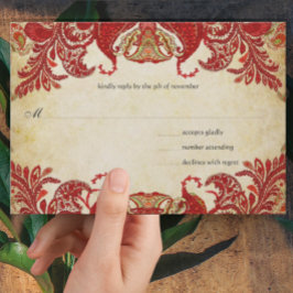 Rood, limoen & oranje vintage paisley pauw RSVP Kaartje