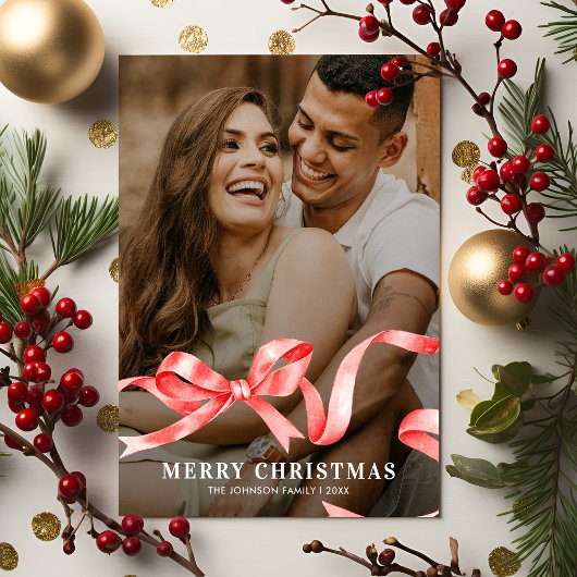 Rood lint boog foto Kerstmis Feestdagenkaart