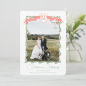 Rood lint Crest groen vintage kerst foto Feestdagenkaart (Staand voorkant)