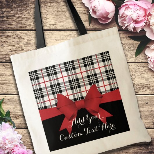 Rood lint en zwart wit rood tartan Aangepast Tote Bag