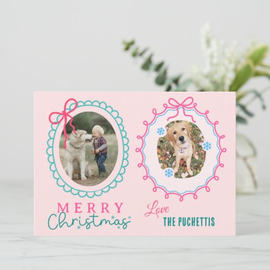 Rood lint Twee Afbeelding Lijst Kerst Feestdagenkaart (Staand voorkant)