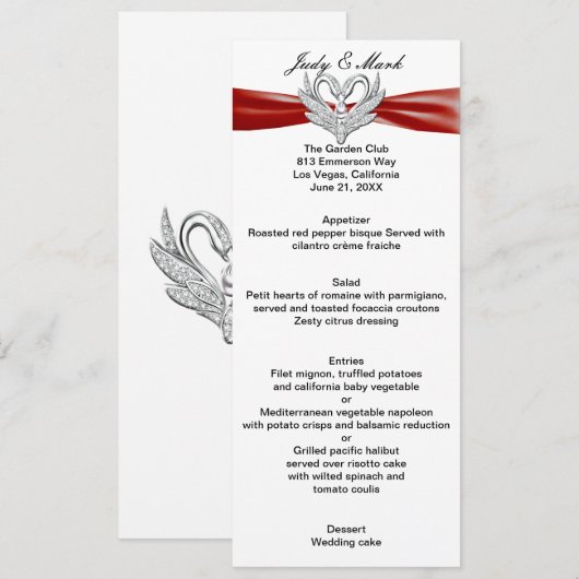 Rood lint Zilveren Zwanen Menu Kaart (Voorkant / Achterkant)