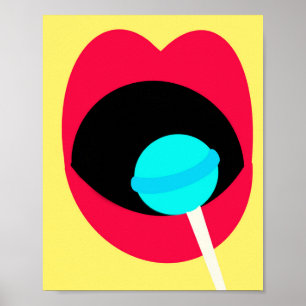 Rood Lips Blauw Lollipop Retro Geel Poster Afdrukk