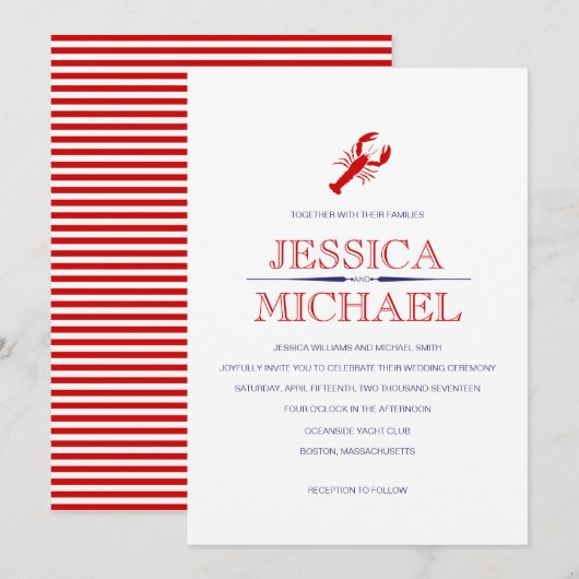 Rood lobster Wedding Navy Blue Nautical Theme Kaart (Voorkant / Achterkant)