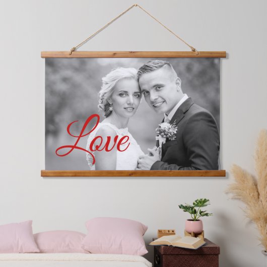 Rood Love script typografie bruiloft foto Hangend Wandkleed (Slaapkamer)