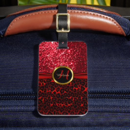 Rood luipaard Huid en glitter - Monogram Bagagelabel