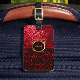 Rood luipaard Huid en glitter - Monogram Bagagelabel